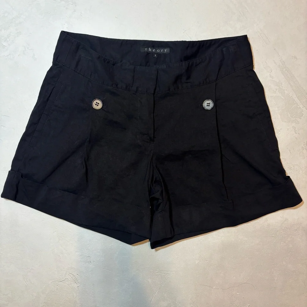 Theory Black High-Waist Cuffed Shorts, linen blend, size 4